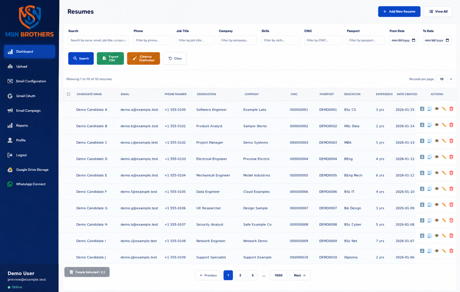 MSN Brothers AI dashboard preview with fictional records